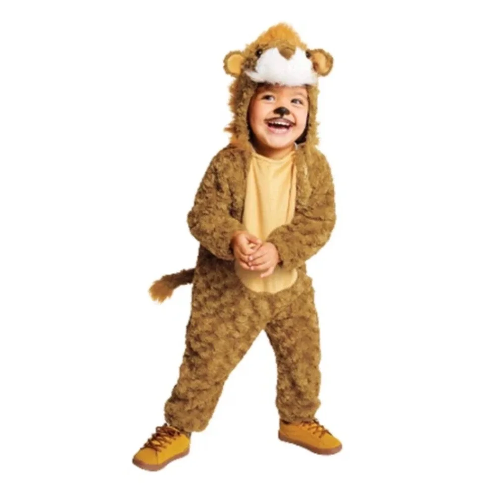 Lion Safari Costume Jumpsuit Kids 2-3T Brown Faux Fur Hooded Halloween Outfit